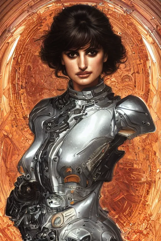 Prompt: an ultradetailed portrait of penelope cruz in detailed futuristic sci - fi armor, intricate, elegant, highly detailed, digital painting, matte, sharp focus, illustration, art by john collier and albert aublet and krenz cushart and artem demura and alphonse mucha