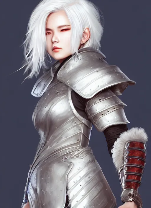 Image similar to warrior, fur leather armor!!! beautiful and elegant white hair female!! gorgeous ayes!! character concept art, sharp focus, octane render! unreal engine 5! highly rendered!! trending on artstation!! detailed linework!! illustration by artgerm, wlop, and chie yoshii