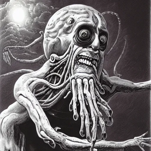 Image similar to a portrait of a creature from the beyond, body horror, by gerard brom and ansel adams