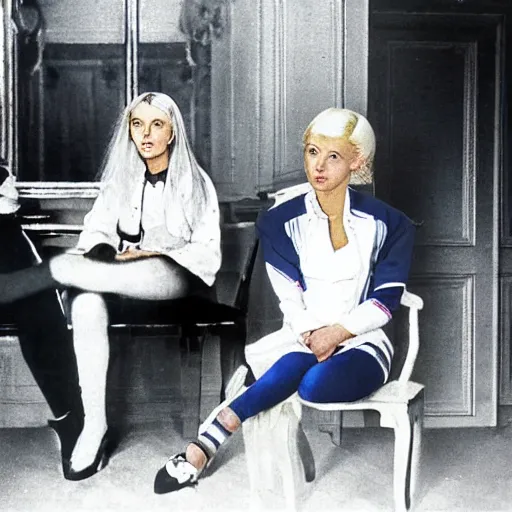 Image similar to aristocratic platinum - blonde - haired hime - cut blue - eyed 1 9 - year - old french princess wearing white leggings and black jacket, sitting in a communist office chatting with a bolshevik officer, colorized hd photograph