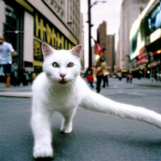 Prompt: leica s photograph, kodachrome film, subject is a white furry cat skateboarding down broadway in nyc