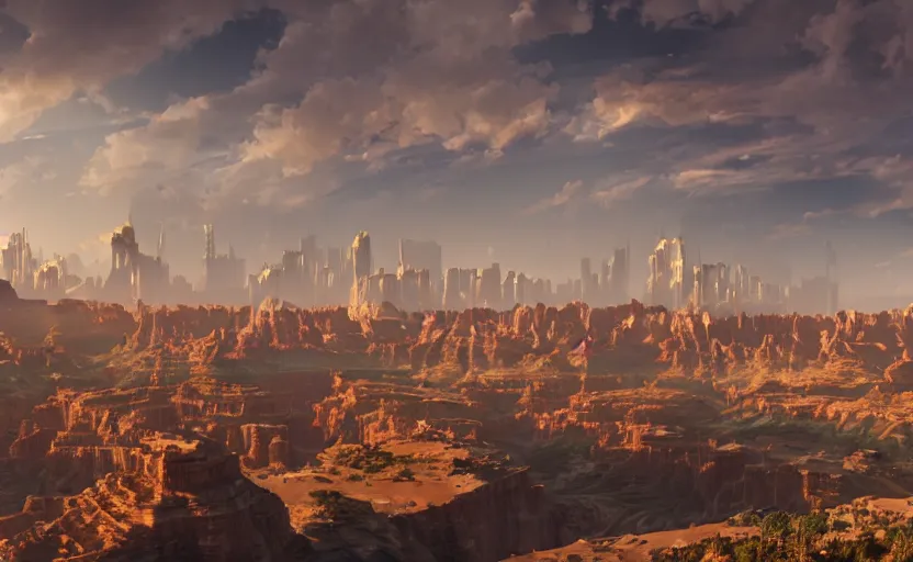 Image similar to a futuristic utopian metropolitan city on an alien planet with many shiny buildings and spires that sits at the edge of a beautiful canyon cliff side like the grand canyon or bryce canyon, sharp details, photorealistic, octane render, golden hour, cinematic lighting, dramatic clouds, immense scale