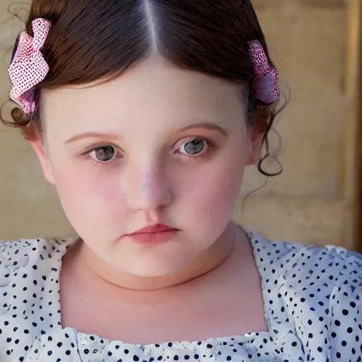 Image similar to charming and chubby girl, wearing a polka dot dress and a victorian - style hairdo on her head, sits in the large and bright studio. sunlight enters through the barred window. very realistic shiny skin. subsurface scattering shiny skin. beautiful lighting, 4 k post - processing, highly detailed, 5 k extremely detailed, 3 d. cinematic scene.