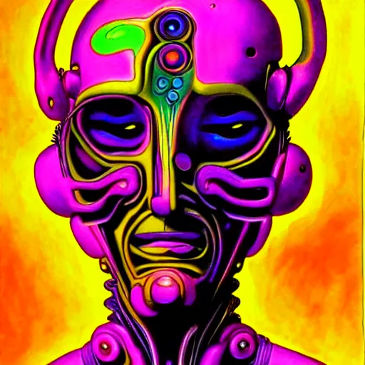 Image similar to psychedelic organic cyborg, art by albert aublet