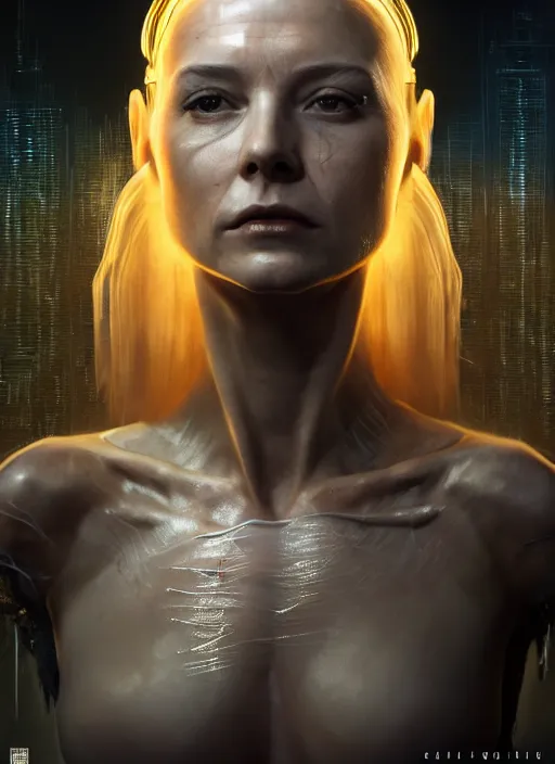 Image similar to 1 / 2 length portrait, queen, crown, translucent skin, muscle, bones, veins, nerves, hyperrealism, detailed, photorealistic, cyberpunk apocalyptic city, futuristic, ultra realistic, cinematic, intricate, cinematic light, unreal engine 8 k, octane render, unreal engine by charlie bowater, david kostic, stanley lau, artgerm