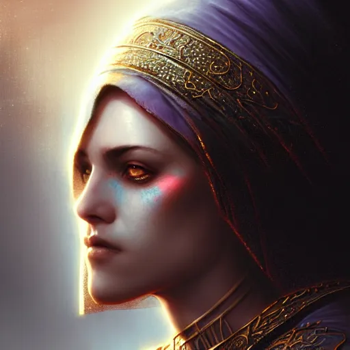 Image similar to arabian nights, character headshot portrait, sharp, digital matte painting, art by luis royo, greg rutkowski, wlop, dramatic lighting, trending on artstation