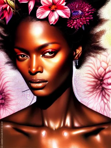 Image similar to a portrait of african supermodel with a floral background by karol bak, artgerm, moebius, yoji shinkawa : : portrait, illustration, photorealism, hyperrealism