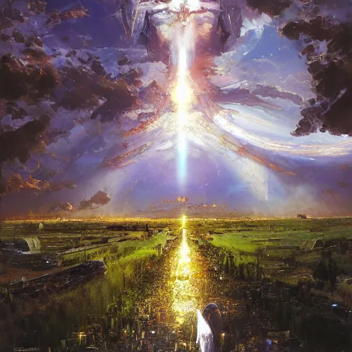 Prompt: God Saint-Light Paradise, hyperrealism, no blur, 4k resolution, ultra detailed, style of John Berkey, Hans Thoma, Anato Finnstark