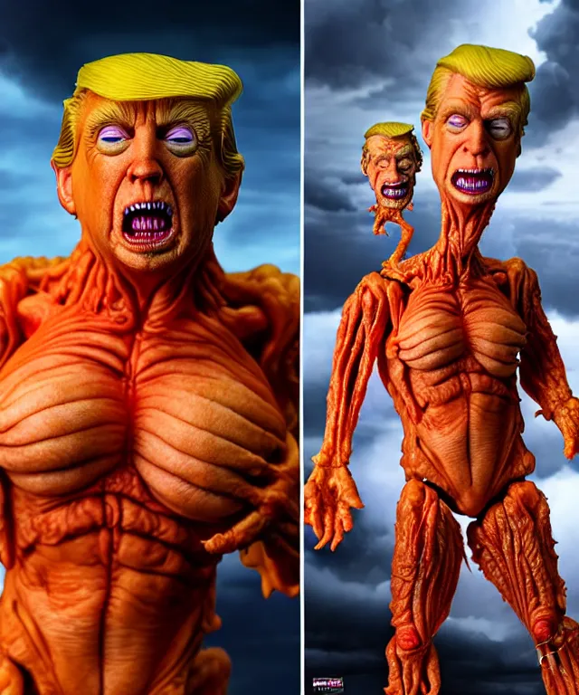 Image similar to hyperrealistic rendering, epic boss battle, cronenberg flesh monster donald trump, by art of skinner and richard corben, product photography, collectible action figure, sofubi, hottoys, storm clouds, outside, lightning