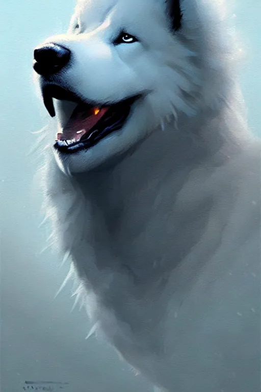 Prompt: greg rutkowski art poster, heroic samoyed. trending on artstation