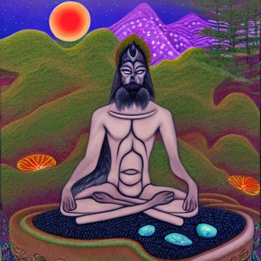 Image similar to an anthromorphic wolf man meditating in a zen garden, by amanda clark and amanda sage in a psychedelic style, oil on canvas