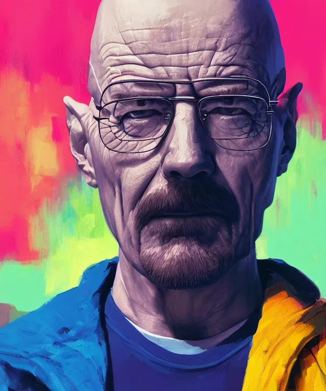 Image similar to a portrait of walter white in a colorful environment in a painting from stalenhag, 4 k, 8 k, hdr, artstation