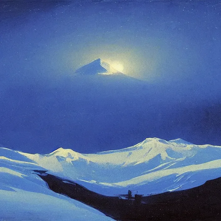 Prompt: mt elbrus at night, arkhip kuindzhi painting, oil painting, luminous light, blue palette