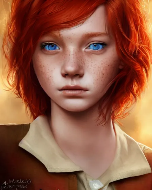 Prompt: portrait of 1 4 - year - old girl with flaming red hair, a lot of freckles, and bright brown eyes, wearing shirt, hyper realistic face, beautiful eyes, character art, art by mark brooks, hyperdetailed, cryengine, trending on artstation, digital art