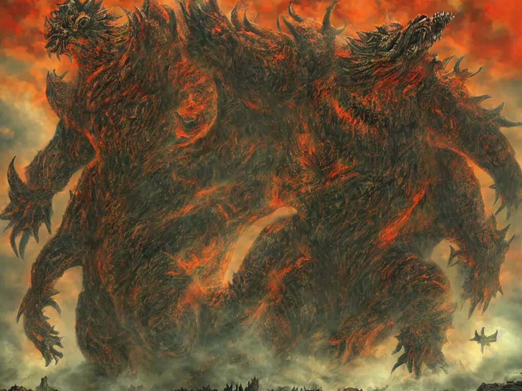 Image similar to demonic Kaiju Bowser roaring into the sky, muscular arms, standing upright, talons, horns, super Mario, horror, Cthulhu, silent Hill landscape, highly detailed, ruined kingdom