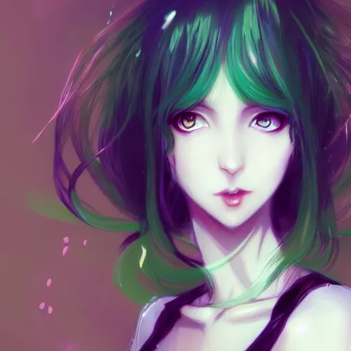 Image similar to facial portrait of a young pretty anime woman, green hair, dark eyes, gothic eyeliner, character concept art, headshot, Charlie Bowater, Anna Dittmann, WLOP, Rumiko Takahashi, Akihiko Yoshida, Hyung-tae Kim, alexander mcqueen, trending on Artstation