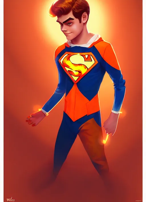 Image similar to kind teenage archie andrews wearing an orange superhero costume, superhero costume with heart emblem, cape, intricate, elegant, glowing lights, highly detailed, digital painting, artstation, sharp focus, illustration, art by wlop, mars ravelo and greg rutkowski