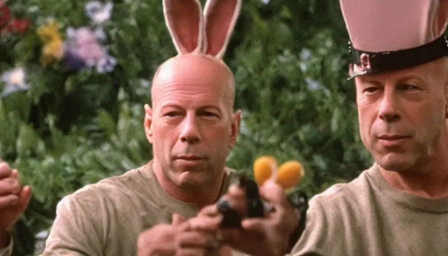 Prompt: bruce willis as the easter bunny