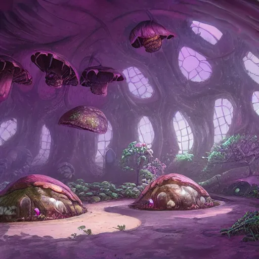 Image similar to concept art painting of a interior of a circular alien fairytale fantasy fungus house made of mushrooms, realistic, detailed, cel shaded, magenta and gray, dark, in the style of makoto shinkai and greg rutkowski and james gurney