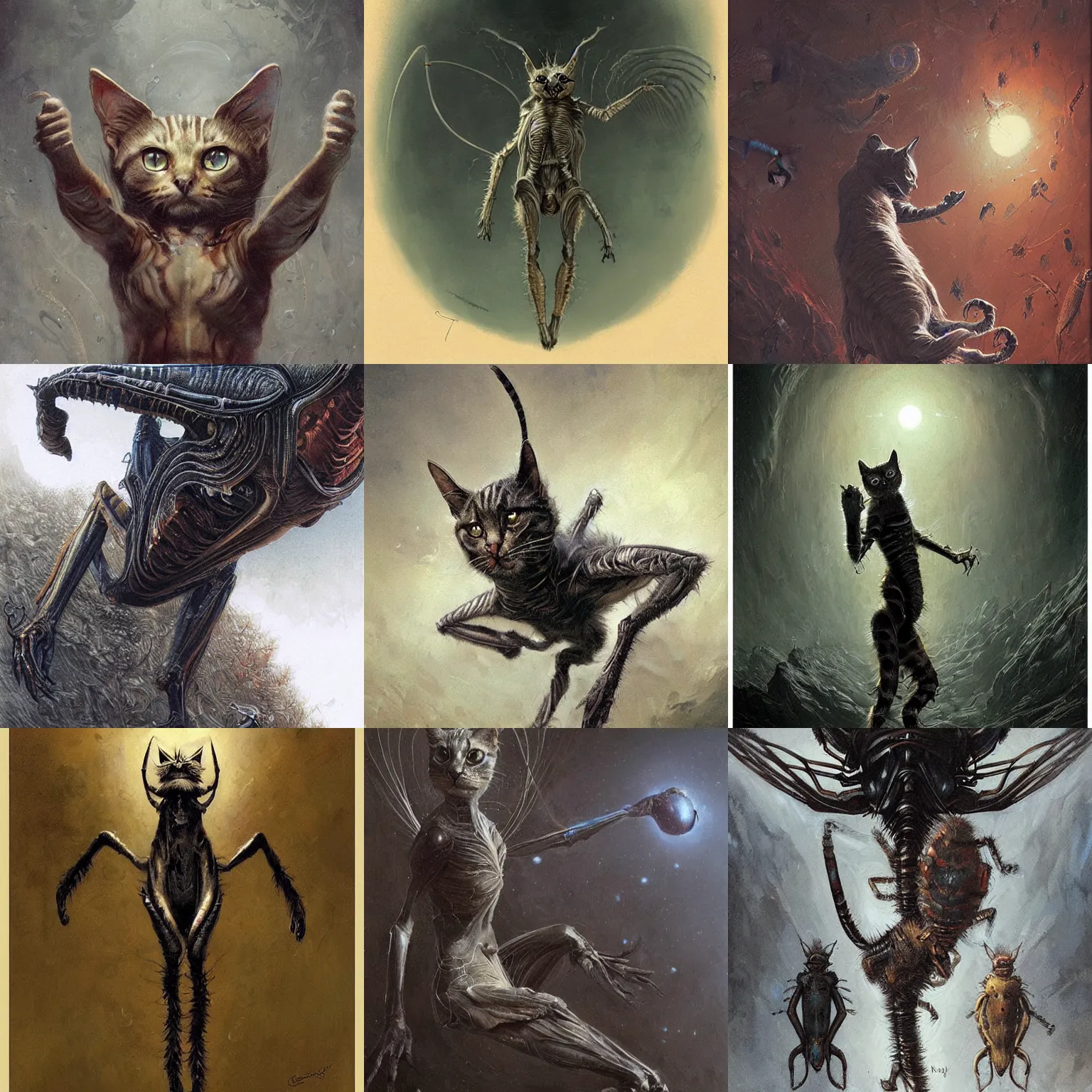 Prompt: insectoid cat, feline insect, alien, many legs, painting by greg rutkowski and gustave dore