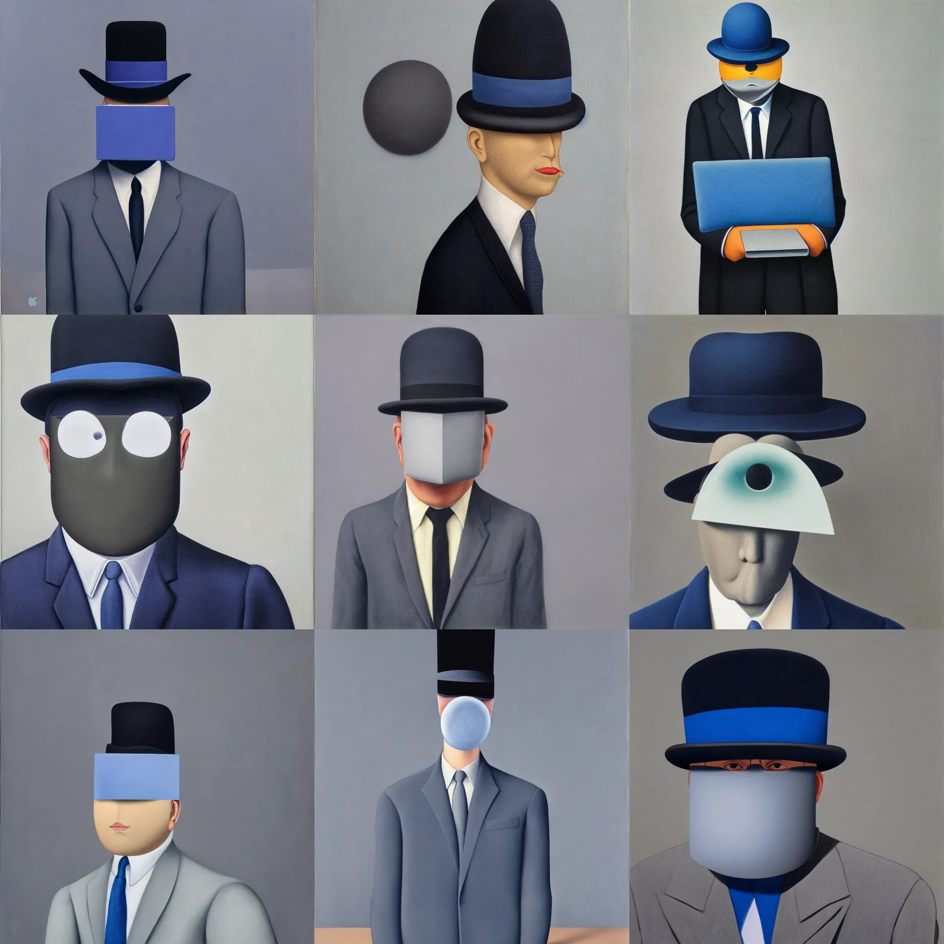 Prompt: front view portrait of a man with a macbook laptop covering his face, wearing dark grey suit and a hat, blue / grey background, painted by rene magritte