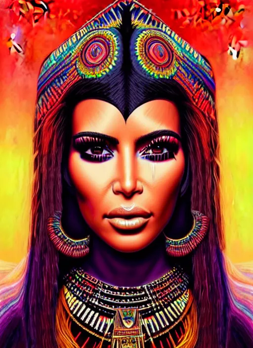 Prompt: portrait of kim kardashian, hyper detailed ultra sharp aztec shaman warrior. trending on artstation, warpaint aesthetic, bloodwave, colorful, psychedelic, ornate, intricate, digital painting, concept art, smooth, sharp focus, illustration, art by artgerm and greg rutkowski and h. r. giger, 8 k