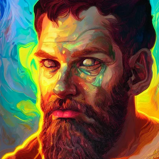 Image similar to melted zeus starring into the camera, fixed eyes, lightning, colorful, surreal, dramatic lighting, face, detailed, intricate, elegant, highly detailed, digital painting, artstation, chalk, concept art, smooth, sharp focus, illustration, art by sam spratt, dan mumford, artem demura and alphonse mucha