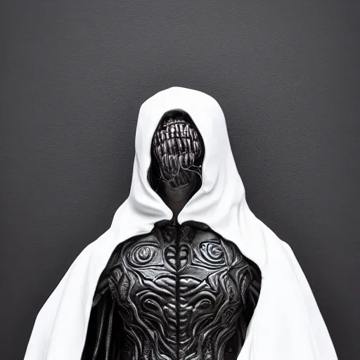 Prompt: venom lord sculptor, black paint on white porcelain, leather cloak, intricate, wet plastic, levitating, style of alex stoddard, blood mist, 8 k