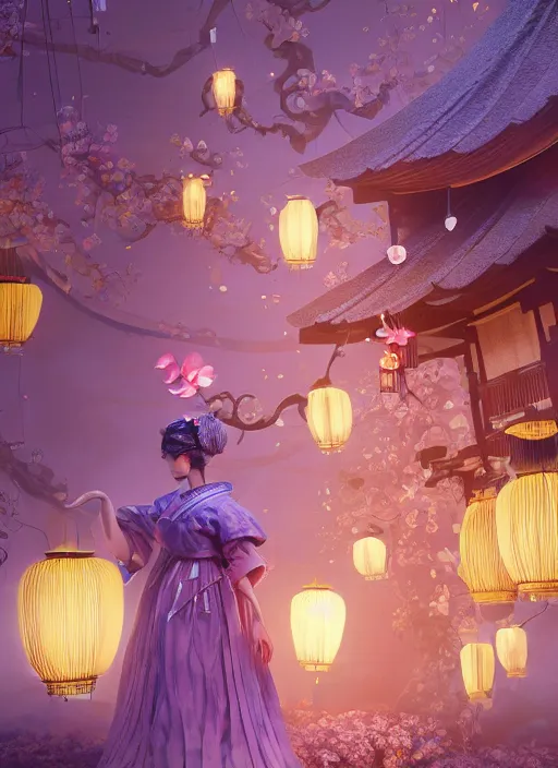 Prompt: japanese village with paper lanterns, angle view of anthropomorphic octopus woman wearing a flowing light lavendar couture dress with puffy sleeves made of paper, paper orchid flowers, heavenly light, 3 d, very detailed, octane render, trending artstation, artgem