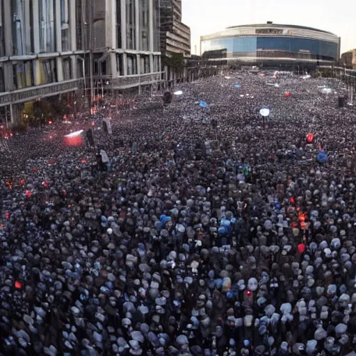 Prompt: 4 k wide angle gigantic army of mark zuckerberg robots during a protest with torch lighting at dusk