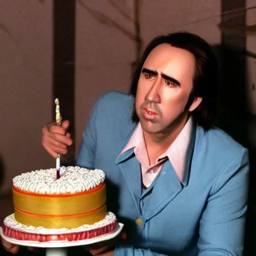 Image similar to nicholas cage holding a birthday cake in the style of 1 9 7 0 s bbc stop motion, oliver postgate