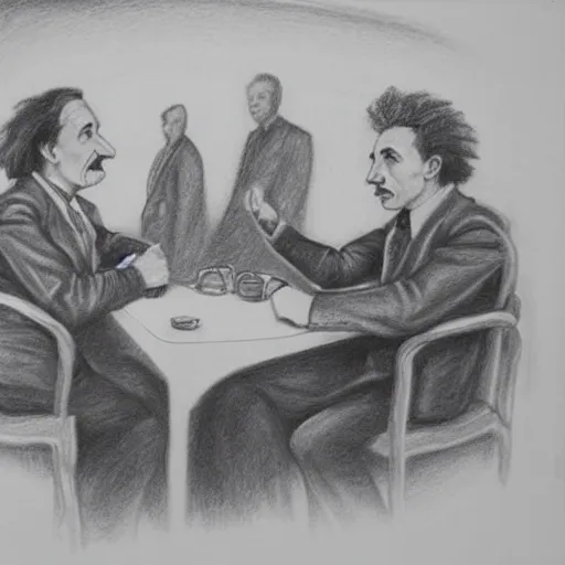 Image similar to Einstein and Tesla sitting at cafe, pencil drawing, ultra detailed