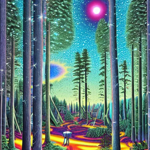 Prompt: psychedelic, trippy, lush pine forest, milky way, planets, cartoon by rob gonsalves, sharp focus, colorful refracted sparkles and lines, soft light