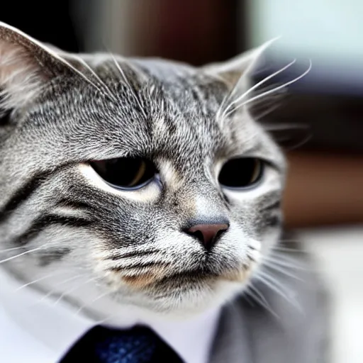 Image similar to a high detail closeup shot of a cat wearing a suit and smoking a cigar