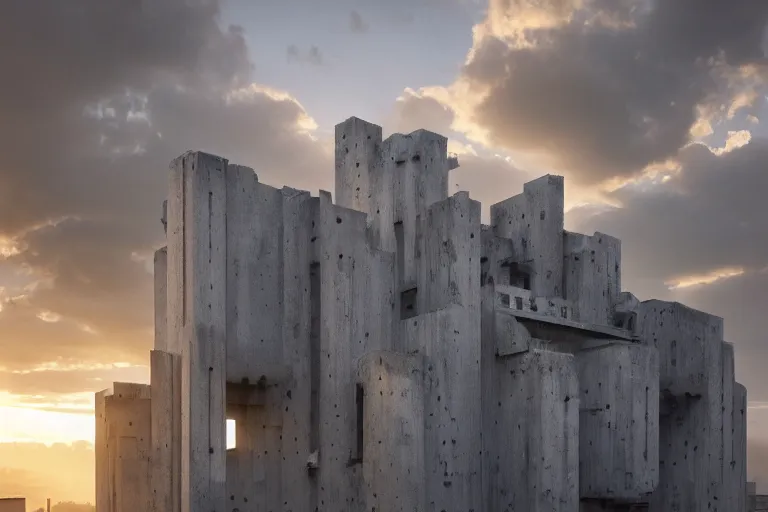 Image similar to an extremely detailed cathedral of brutalist architecture, stunning volumetric light, sunset, metal, concrete and translucent material, stunning skied, 8k, by Greg Rutkowski