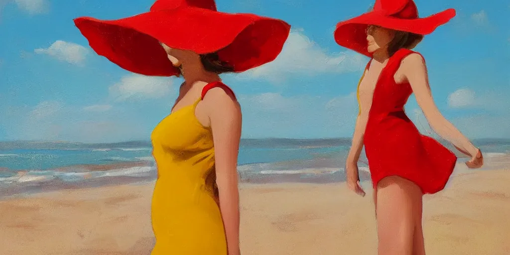 Prompt: beautiful oil matte portrait painting, young woman with red dress and mustard yellow summer hat at a beach on a sunny day, wonderful masterpiece highly detailed, beautiful cinematic light deep focus, elegant, digital painting, smooth, sharp focus, golden ratio, dramatic illumination, ultra realistic, 8 k, art by andy warhol