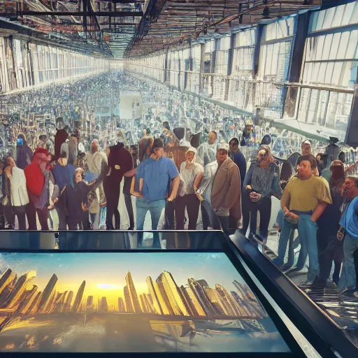 Prompt: crane shot of large group people in open warehouse, looking at hologram of futuristic city on a table, cinematic still, godrays, golden hour, natural sunlight, 4 k, clear details, tabletop model buildings, tabletop model, ethereal hologram center, crane shot, crane shot, gathering