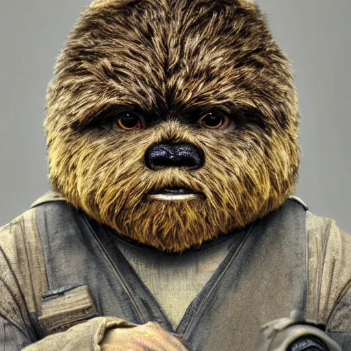 Image similar to hyperrealistic mixed media image of matt damon disguised as an ( ( ewok ) ), stunning 3 d render inspired art by istvan sandorfi and greg rutkowski, perfect facial symmetry, realistic, highly detailed attributes and atmosphere, dim volumetric cinematic lighting, 8 k octane extremely hyper - detailed render, post - processing, masterpiece,