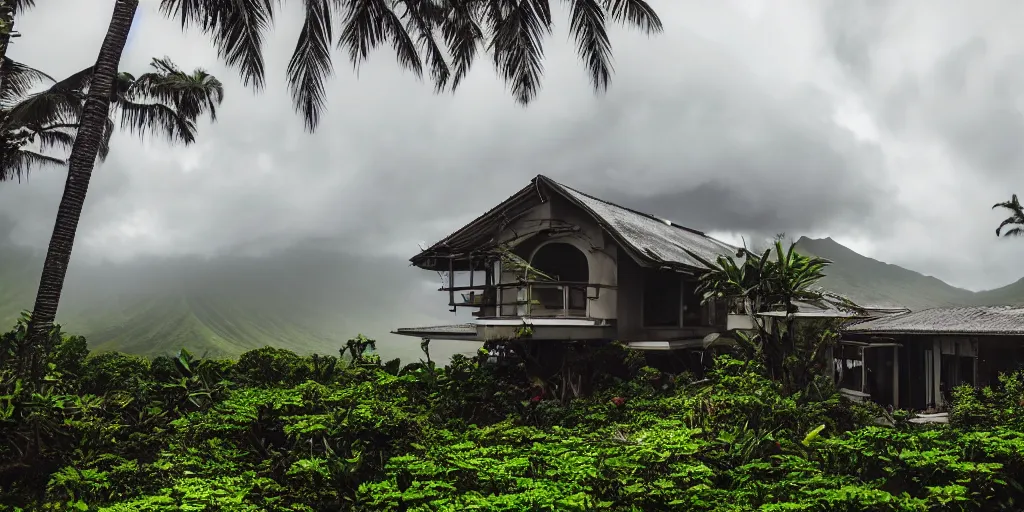 Image similar to atomic mushroom cloud over a Hawaiian villa in the middle of an tropical forest, ominous Sky, gloomy atmosphere, cinematic, mist, High definition, 8k, ultra detailed