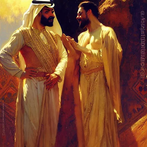 Image similar to attractive arab king in love with his attractive male prince. highly detailed painting by gaston bussiere, craig mullins, j. c. leyendecker