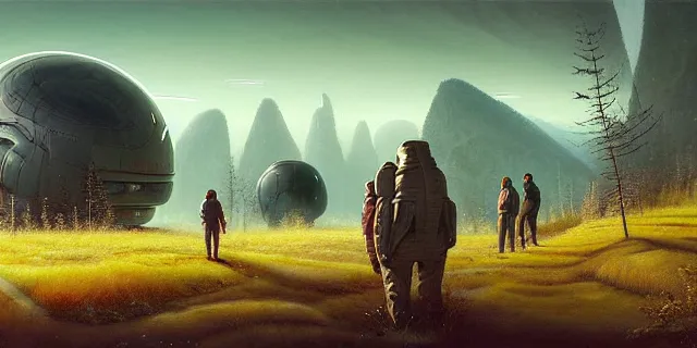 Prompt: painting group of sci - fi adventures searching birch trees forest for crashed ship by tomasz alen kopera and cornelius dammrich with futuristic city scape ion the distance by eddie jones and simon stahlenhag