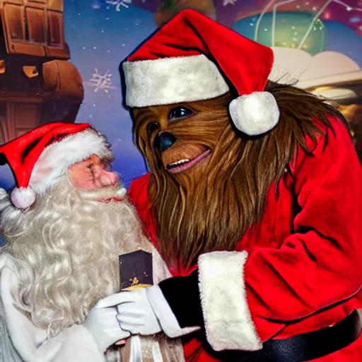 Image similar to chewbacca as the santa - claus - at - the - mall taking kids christmas wishes