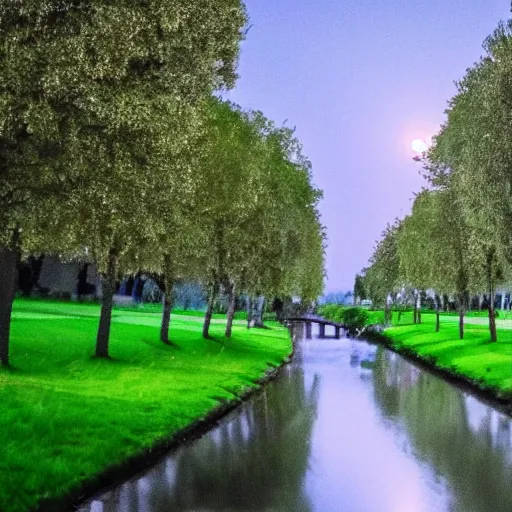 Prompt: moon over canal, next to the canal there are trees and grass, it's night time