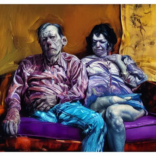 Image similar to high quality high detail painting of a old dead couple on a couch in a soviet apartment by lucian freud and jenny saville and francis bacon and malcom liepke and nicola samori, hd, anxiety, turquoise and purple and orange and pink, dark atmosphere