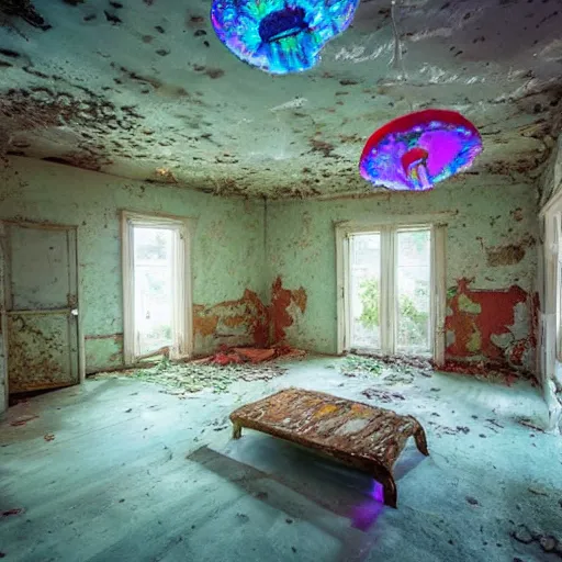 Prompt: abandoned cottage interior filled with iridescent jellyfish and lush coral