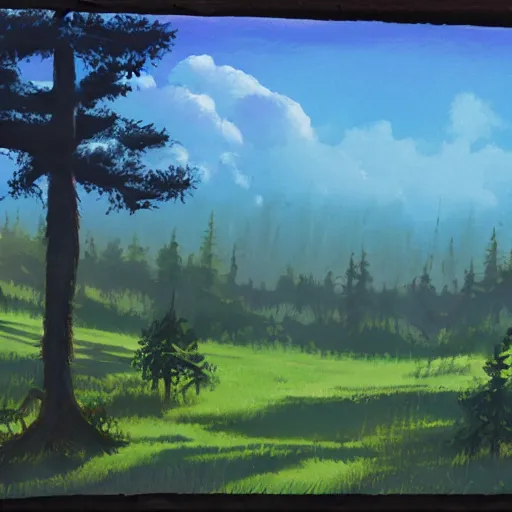 Prompt: gouache painting, forest lanscape panorama by pixar by makoto shinkai