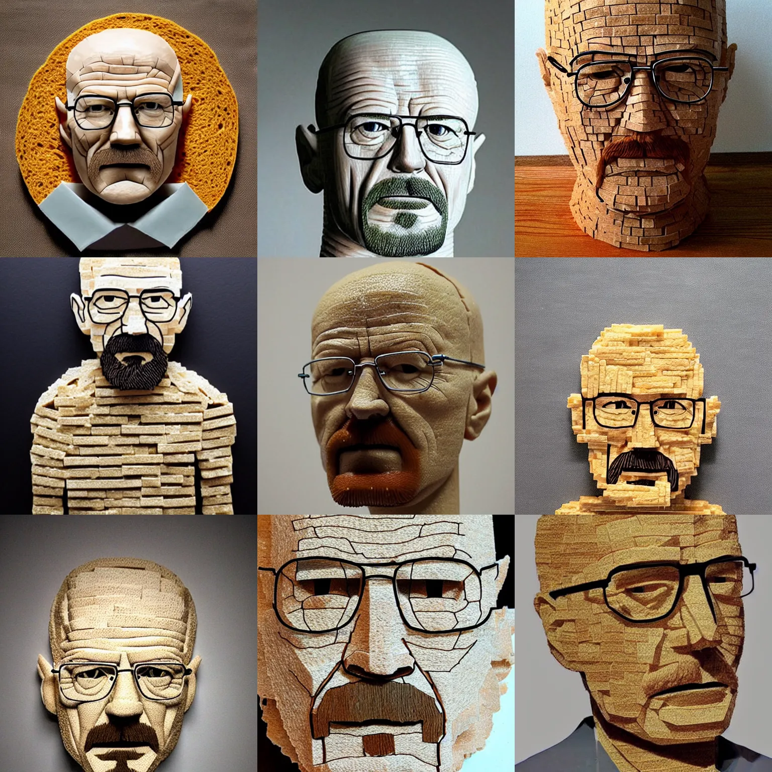 Prompt: walter white sculpture made from pieces of bread