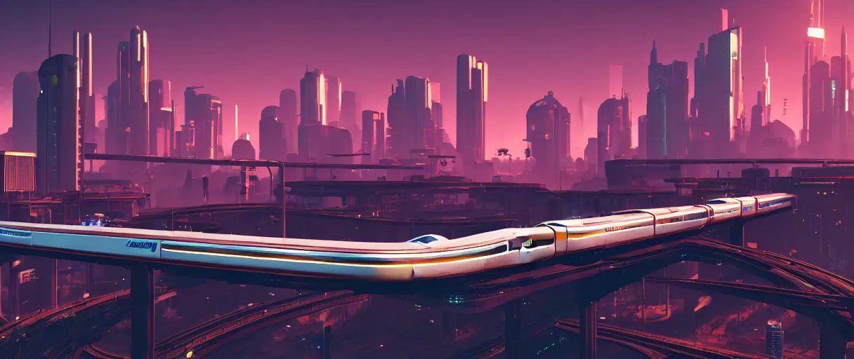 Prompt: futuristic city center with maglev train on bridge in background, modern landscape architectural design, industrialpunk blocky concrete and glass, maroon metallic accents, gorgeous lighting, golden hour, cyberpunk 2077, dramatic lighting and composition, photography, 8k, star citizen