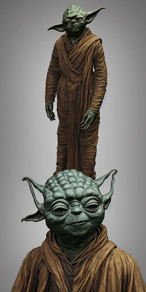 Image similar to detailed photo of an old bronze patina statue of yoda, full body portrait, various pose, photorealism, intricate detail, museum diffuse lighting