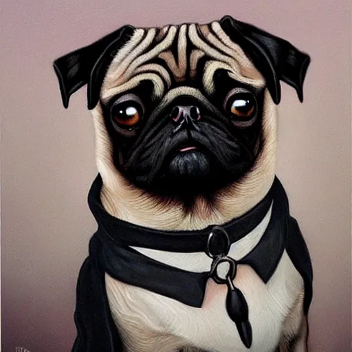 Image similar to oil painting, a pug with gothic emo hair, intricate, masterpiece, artstation, stunning